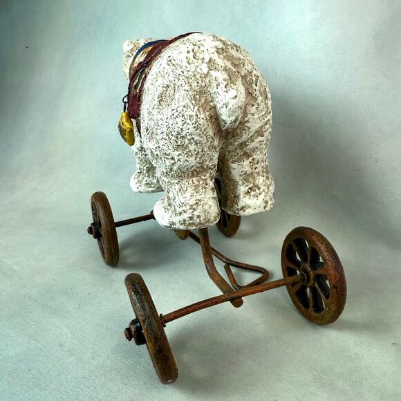 Vintage Rustic Holiday Christmas Polar Bear Wagon Figurine On Wheels - Picture 5 of 6